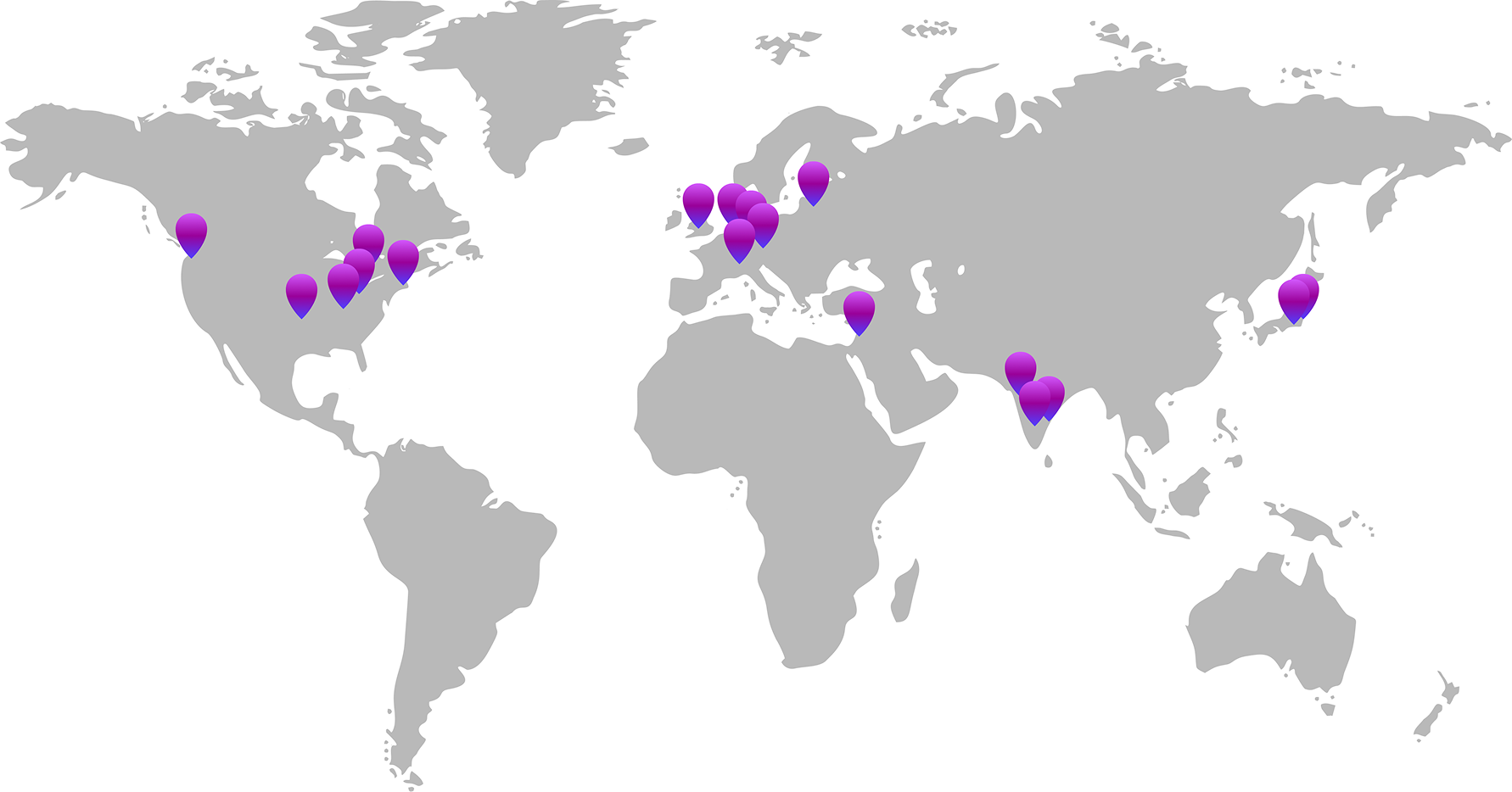 World map with purple location markers showing Rocket's global office and service locations across North America, Europe, Asia, and Australia.