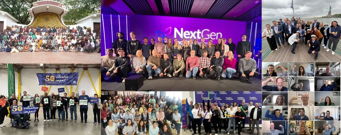 Collage of event photos showing groups of people gathered in conference settings, including one with a 'NextGen' stage backdrop, networking, and large audience scenes.