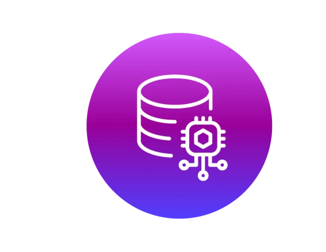 Purple circular icon showing a database with a microchip, overlaid on an upward trend line to represent modern, AI-driven data growth.