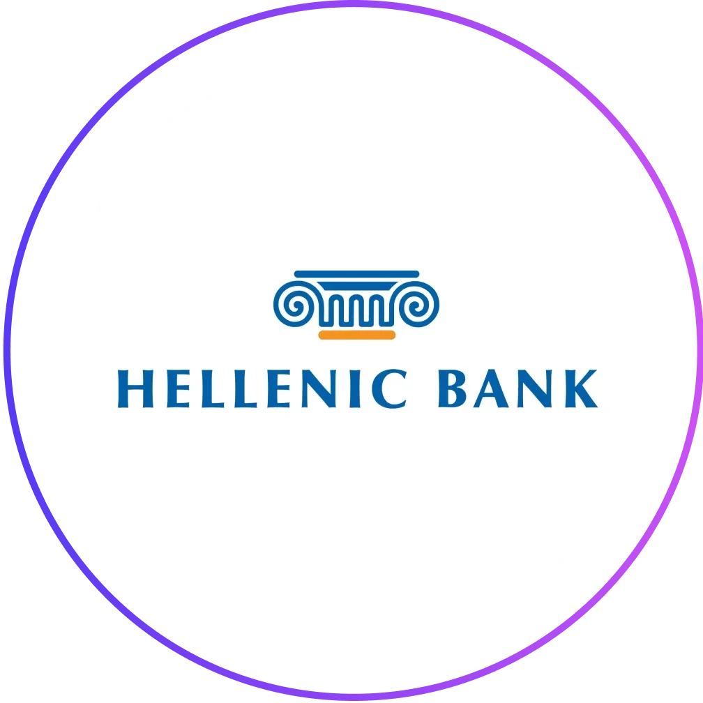 Hellenic Bank logo with a blue and gold Greek column symbol above the bank name in blue text.