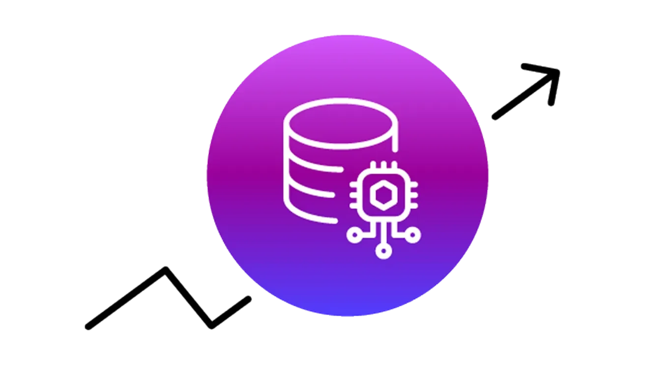 Database and microchip icon over an upward trend line, representing AI-powered data solutions and growth.