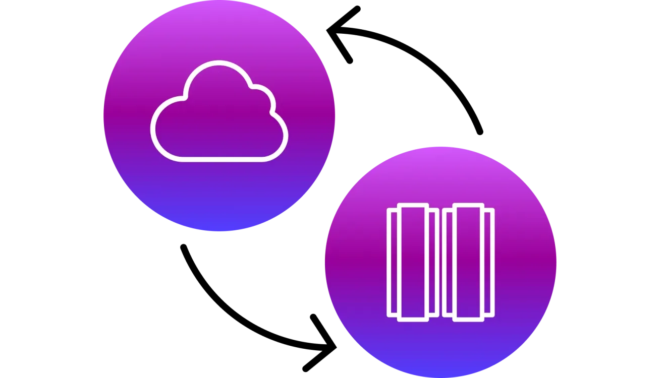 Cloud and on-premises icons connected by two-way arrows, illustrating hybrid cloud infrastructure and data integration.