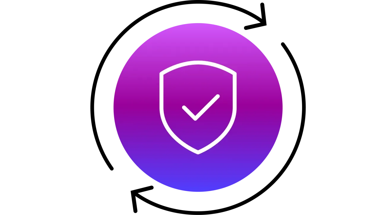 Circular shield icon with a checkmark and surrounding arrows, representing AI-powered security and continuous compliance.