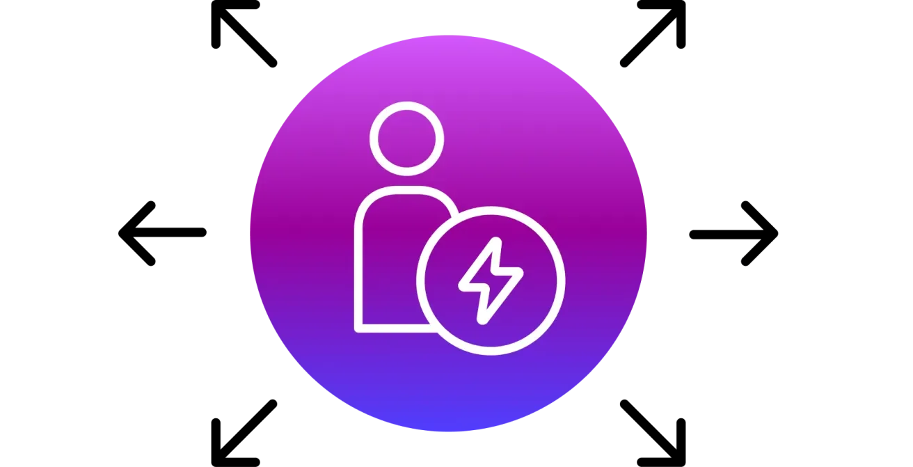 Circular icon with a person and lightning bolt at the center, surrounded by outward arrows, representing AI-enhanced skills and workforce efficiency.