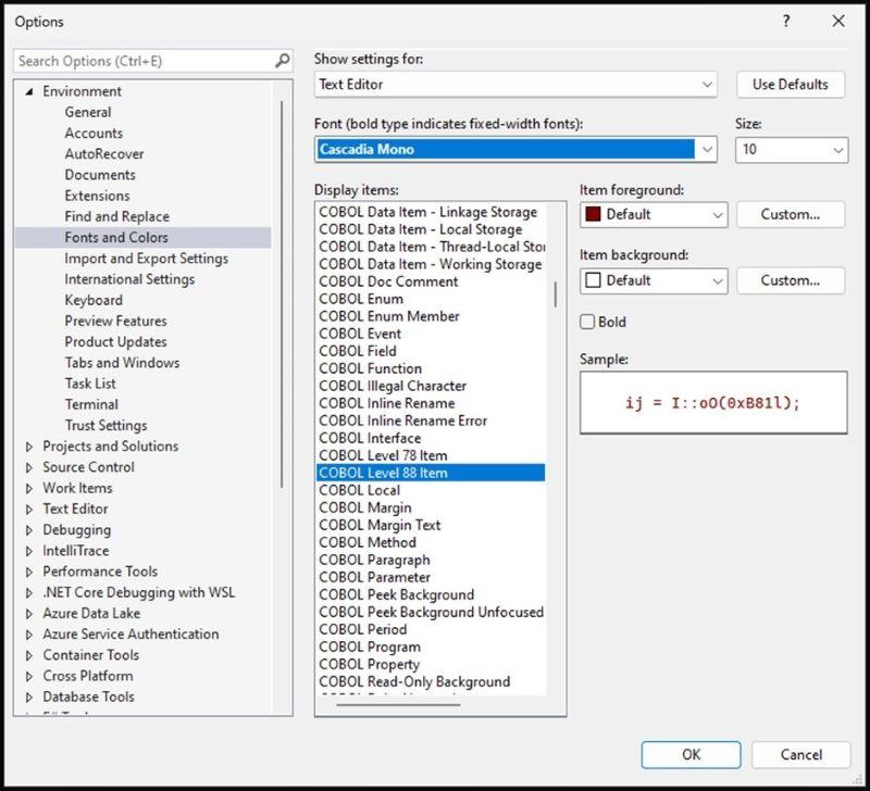 COBOL colorization pick list